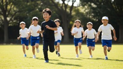 公園で元気に走る小学生たち