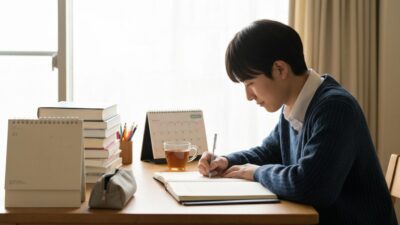 共通テスト2027に向けて自宅で勉強する高校生