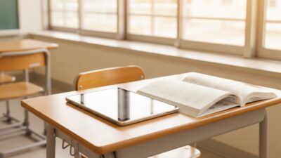机の上に置かれたタブレットと紙の教科書