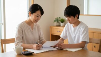自宅で教育費の書類を確認する母親と高校生