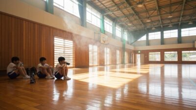 夏の日差しが差し込む学校の体育館で水分補給をする小学生