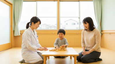 保健センターで5歳児健診を受ける子どもと母親、小児科医