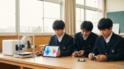 技術室で3Dプリンターとタブレットを使う中学生
