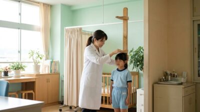 保健室で身長を測る小学生と養護教諭