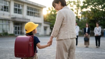 校庭で子どもの手を取る母親