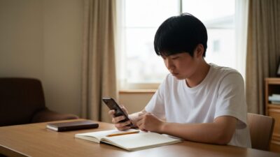自宅のテーブルでスマートフォンを見る中学生と、開いたノート