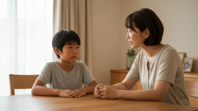 ダイニングテーブルで子どもの話を聞く母親