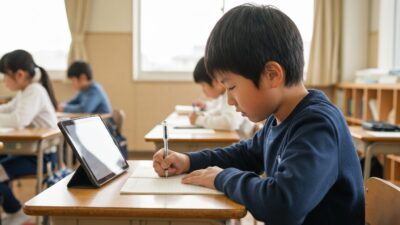 タブレットと紙のノートを併用して学習する小学生
